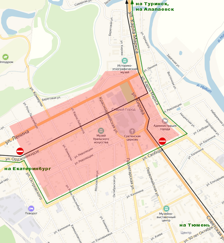 СХЕМА ДВИЖЕНИЯ (Центр) междугородных автобусов, следующих через г. Ирбит, на период подготовки и проведения XVII межрегиональной выставки-ярмарки «Ирбитская ярмарка» 2019 год  6 августа с 20:00 по 11 августа  до 20:00