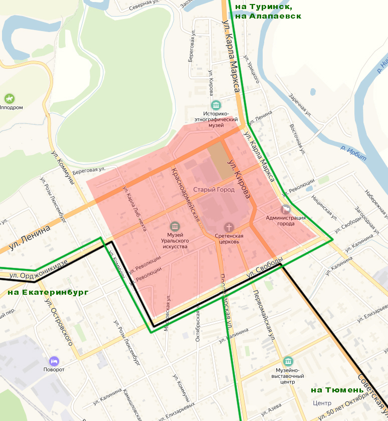 СХЕМА ДВИЖЕНИЯ (Центр) Общественного транспорта на период подготовки и проведения XVII межрегиональной выставки-ярмарки «Ирбитская ярмарка»  с 6 августа с 20:00 по 11 августа до 20:00  2019 года